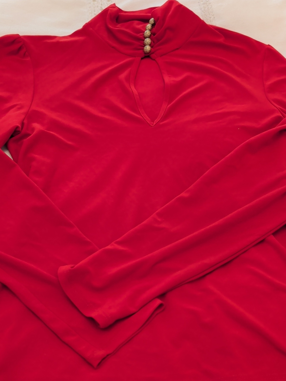 Frank Lyman Design Red Keyhole Mock Neck Top with Decorative Buttons